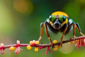 une proche en haut de une abeille sur une fleur. généré par ai photo