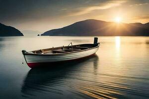 une bateau est assis sur le l'eau à le coucher du soleil. généré par ai photo