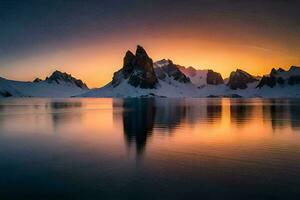 le Soleil ensembles plus de le montagnes dans le Contexte. généré par ai photo