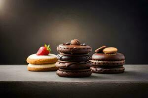 Trois Chocolat couvert biscuits avec des fraises sur Haut. généré par ai photo