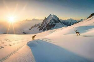deux cerf sont en marchant sur le neige dans de face de une Montagne. généré par ai photo