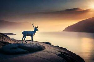 une cerf des stands sur une Roche surplombant le l'eau. généré par ai photo