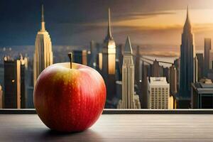 un Pomme est assis sur une table dans de face de une paysage urbain. généré par ai photo