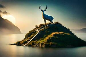 une cerf des stands sur une petit île dans le milieu de une lac. généré par ai photo