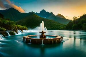 une Fontaine dans le milieu de une Lac entouré par montagnes. généré par ai photo