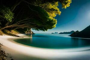 une plage avec des arbres et l'eau. généré par ai photo