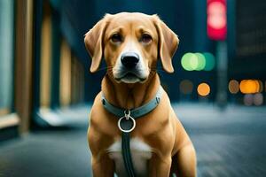 une chien est séance sur le trottoir dans de face de une bâtiment. généré par ai photo