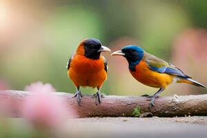 deux coloré des oiseaux séance sur une branche. généré par ai photo