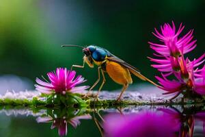 une coloré insecte est séance sur Haut de une fleur. généré par ai photo