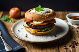 une Hamburger avec fromage, tomates et autre ingrédients. généré par ai photo