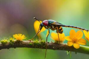 une guêpe est assis sur une Jaune fleur. généré par ai photo