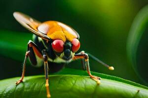 une proche en haut de une mouche avec rouge yeux. généré par ai photo