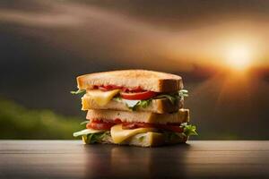 sandwich avec fromage, tomate et salade sur une en bois tableau. généré par ai photo