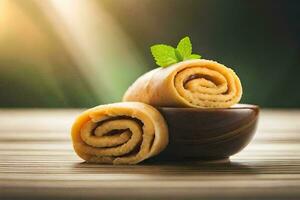 deux Rouleaux de cannelle Rouleaux sur une en bois tableau. généré par ai photo