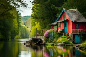 une petit maison est assis sur le côté de une rivière. généré par ai photo