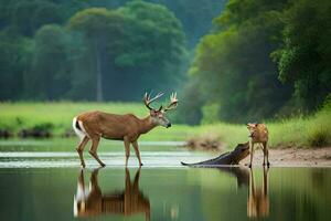 une cerf et une bébé alligator dans le l'eau. généré par ai photo