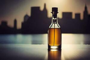 une bouteille de whisky séance sur une table dans de face de une ville ligne d'horizon. généré par ai photo