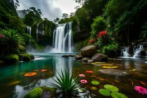 magnifique cascade dans le jungle avec l'eau lys. généré par ai photo