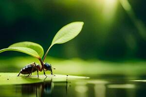 une petit insecte est séance sur une feuille dans le l'eau. généré par ai photo