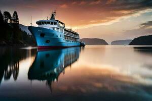 une grand bateau est voile sur le l'eau à le coucher du soleil. généré par ai photo