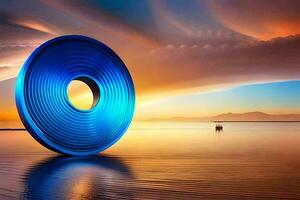une bleu roue sur le plage à le coucher du soleil. généré par ai photo