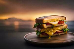 une grillé fromage sandwich avec fromage et tomate sur une en bois plaque. généré par ai photo