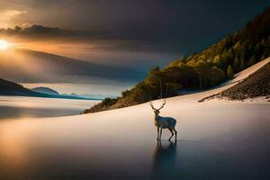 une cerf des stands dans le milieu de une Lac à le coucher du soleil. généré par ai photo