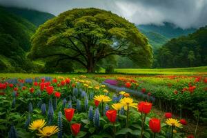 une magnifique arbre et coloré fleurs dans le milieu de une champ. généré par ai photo