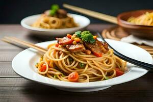 chinois nourriture est une populaire choix pour gens qui sont à la recherche pour une en bonne santé et savoureux repas. généré par ai photo