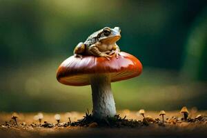 une grenouille est assis sur Haut de une champignon. généré par ai photo