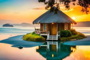 une petit cabane est assis sur le rive de une Lac à le coucher du soleil. généré par ai photo