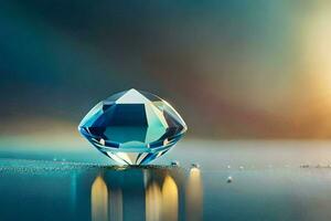 une diamant est séance sur Haut de une bleu surface. généré par ai photo