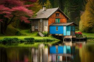 une coloré maison est assis sur le bord de une lac. généré par ai photo