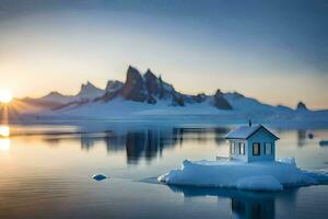 une petit maison sur un iceberg dans le milieu de le océan. généré par ai photo
