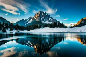 une Montagne intervalle est réfléchi dans une lac. généré par ai photo