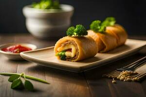 chinois nourriture sur une assiette avec baguettes. généré par ai photo