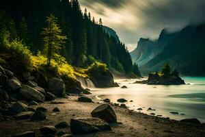 une magnifique Montagne Lac avec rochers et des arbres. généré par ai photo