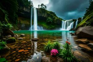 le cascade est entouré par rochers et fleurs. généré par ai photo