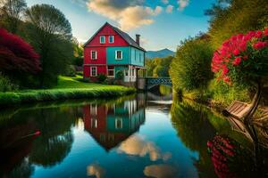 une coloré maison est assis sur le banques de une rivière. généré par ai photo