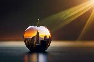 un Pomme avec une ville dans il. généré par ai photo