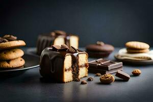 Chocolat gâteau, biscuits et autre traite sur une foncé tableau. généré par ai photo