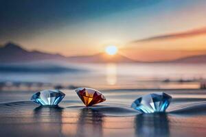 Trois diamants sur le plage à le coucher du soleil. généré par ai photo