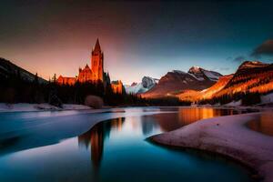 le Château et Lac à le coucher du soleil dans le montagnes. généré par ai photo