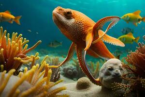 un Orange poisson nager dans le océan avec corail. généré par ai photo