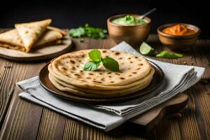 Indien pains plats sur une en bois tableau. généré par ai photo