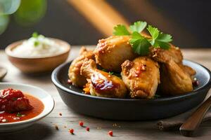 poulet ailes dans une bol avec sauce et une bol de sauce. généré par ai photo