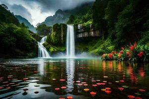 cascade, fleurs, vert, pluie, cascade, forêt tropicale, pluie, cascade, pluie. généré par ai photo