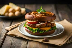 une Hamburger avec des légumes et fromage sur une en bois tableau. généré par ai photo