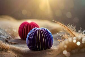 deux coloré papier des balles sur le sable. généré par ai photo