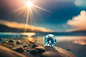 une diamant est assis sur le plage avec le Soleil brillant. généré par ai photo